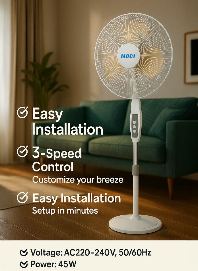 مودي مروحة عمودية 45 وات 16 بوصة شفرة معدنية تبريد هادئ متذبذبة ارتفاع قابل للتعديل مروحة قائمة للمنزل والمكتب وغرفة النوم تدفق هواء قوي موفرة للطاقة - Image 2