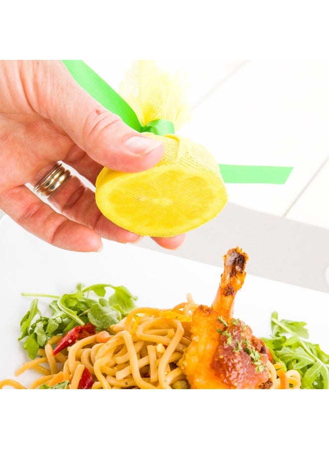 Restaurantware أغطية الليمون من رستورانتوير 100 عبوة بحجم 8.8" × 8.8" مع شريط ساتان أخضر فاتح أغطية ليمون صفراء قابلة لإعادة الاستخدام لشطرات وشرائح الليمون لتسهيل عصرها بدون بذور على المأكولات البحرية. - Image 3