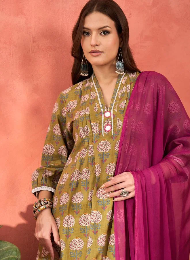SASSAFRAS SASSAFRAS Green Floral Cambric Kurta with Pencil Pants and Dupatta Set