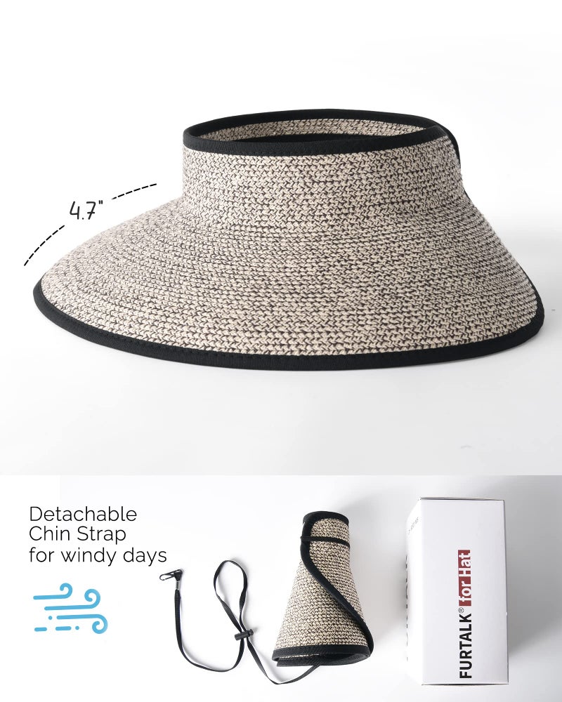 FURTALK Sun Visor Hats for Women Wide Brim Straw Ponytail Summer Beach Hat UV UPF Packable Foldable Travel - Image 3