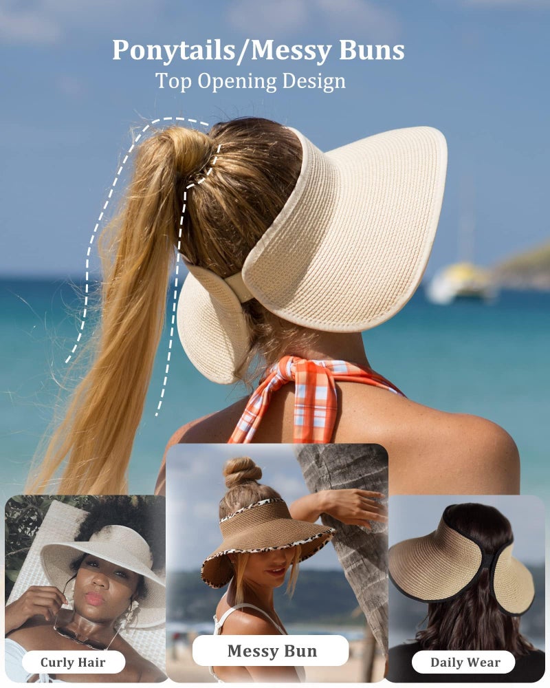 FURTALK Sun Visor Hats for Women Wide Brim Straw Ponytail Summer Beach Hat UV UPF Packable Foldable Travel - Image 5