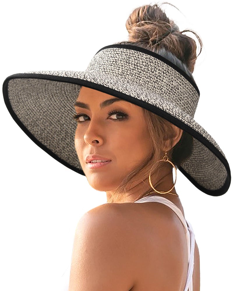 FURTALK Sun Visor Hats for Women Wide Brim Straw Ponytail Summer Beach Hat UV UPF Packable Foldable Travel - Image 1