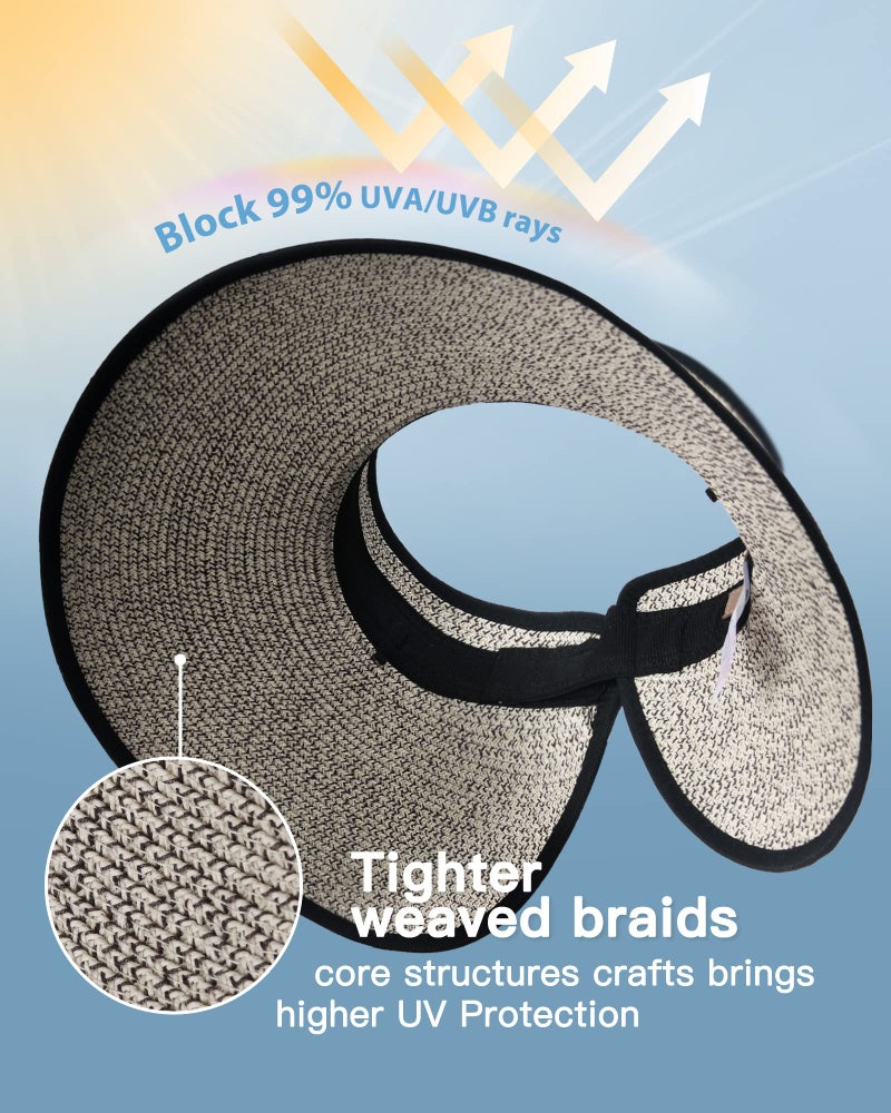 FURTALK Sun Visor Hats for Women Wide Brim Straw Ponytail Summer Beach Hat UV UPF Packable Foldable Travel - Image 2