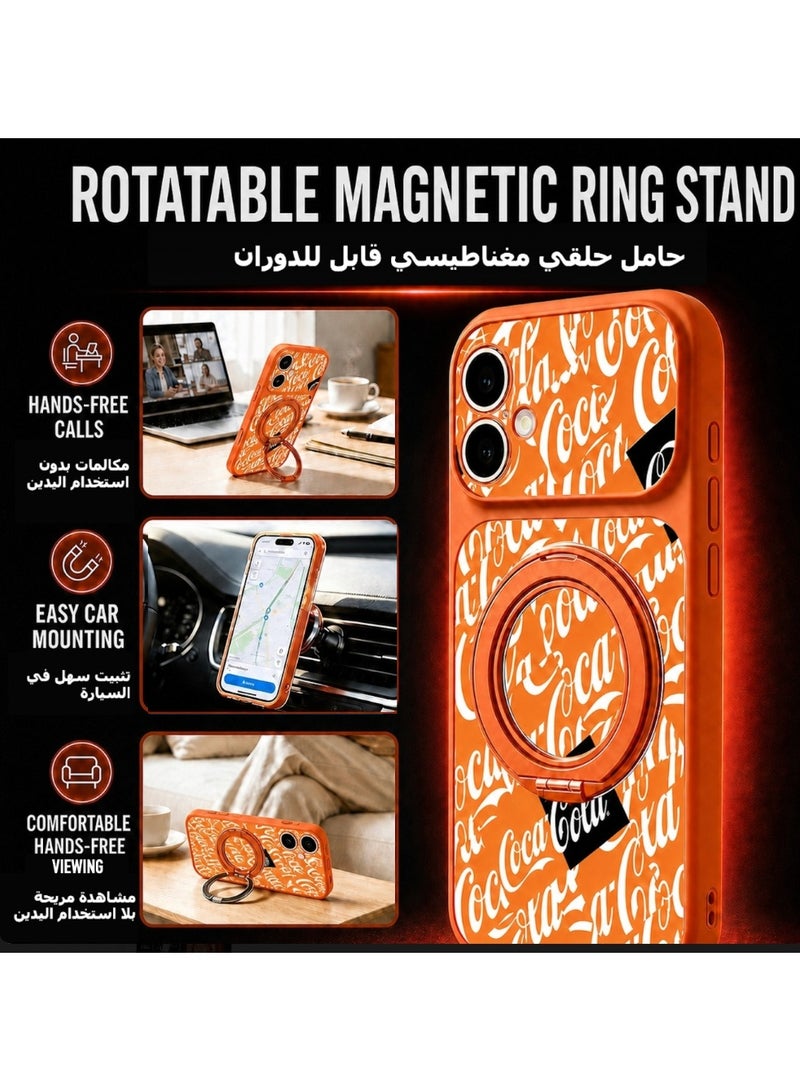 Coca-Cola iPhone 17 Magnetic Phone Case, Matte TPU Protective Cover with Rotatable Magnetic Ring Stand, Wireless Charging Compatible, Camera Protection, Orange - Image 3