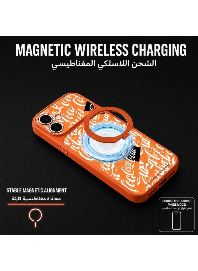 Coca-Cola iPhone 17 Magnetic Phone Case, Matte TPU Protective Cover with Rotatable Magnetic Ring Stand, Wireless Charging Compatible, Camera Protection, Orange - Image 2