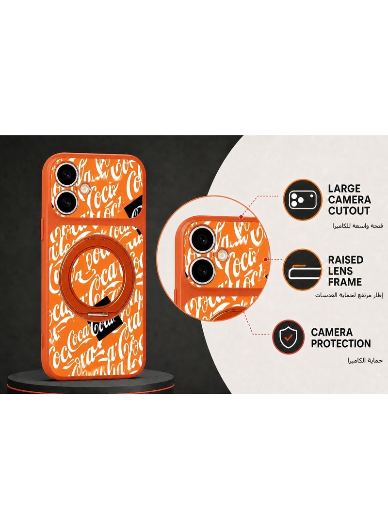 Coca-Cola iPhone 17 Magnetic Phone Case, Matte TPU Protective Cover with Rotatable Magnetic Ring Stand, Wireless Charging Compatible, Camera Protection, Orange - Image 4