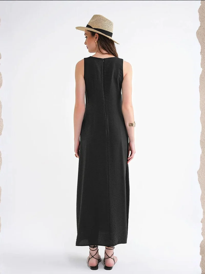 MixRay Black Mixray V-Neck Sleeveless Maxi Dress with Pockets for Women | Best Price UAE