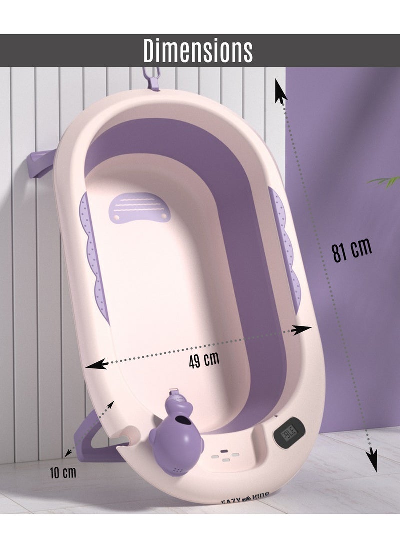 Eazy Kids - Temperature Controlled Foldable Bathtub With Intelligent Temperature Monitoring Thermometer And Baby Head Shampoo Wash Rinse Mug - Purple - Image 1
