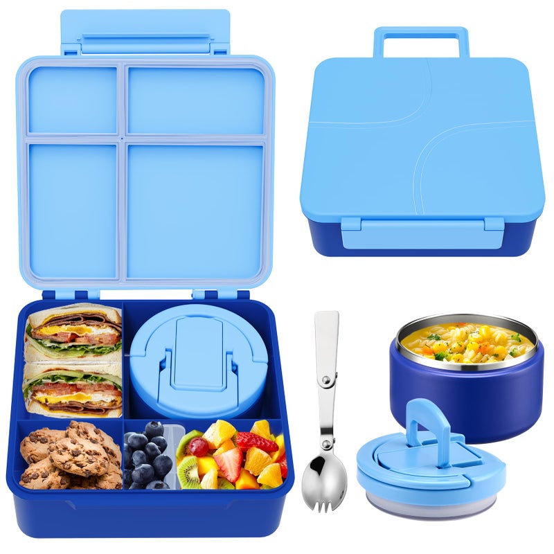 MAXSO Bento Lunch Box Set for Kids with 8 oz Soup Thermo Leakproof Hot Food Container with 4 Compartments Insulated Food Jar for Toddler Daycare Boys Girls School Blue
