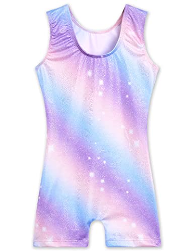TENVDA Biketards for Girls Gymnastics Leotards with Shorts Size 6-7 Years Old Sparkly Purple Stripe Printed Tank Unitard - Image 2