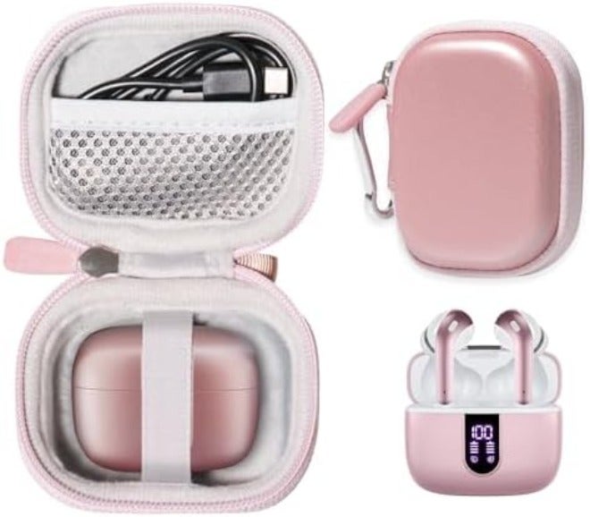 CaseSack Case for TAGRY X08 Bluetooth Headphones True Wireless Earbuds 60H, mesh Pocket for Charge Cable (Rose Gold) - Image 1