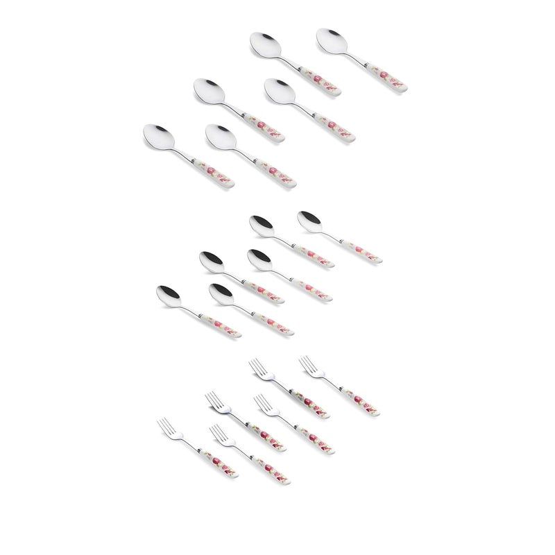 MGeezz 18pc Floral Stainless Steel Cutlery Set Spoons Forks 6 Big 6 Small Spoons 6 Small Forks Dishwasher Safe Perfect for Everyday Use Gifting - Image 1