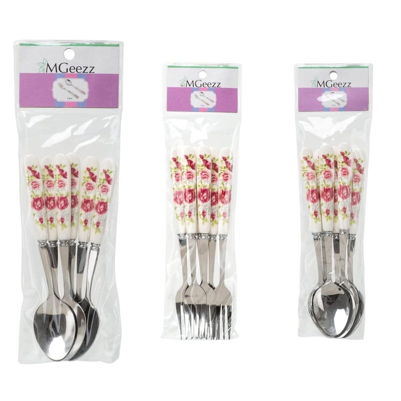 MGeezz 18pc Floral Stainless Steel Cutlery Set Spoons Forks 6 Big 6 Small Spoons 6 Small Forks Dishwasher Safe Perfect for Everyday Use Gifting - Image 4