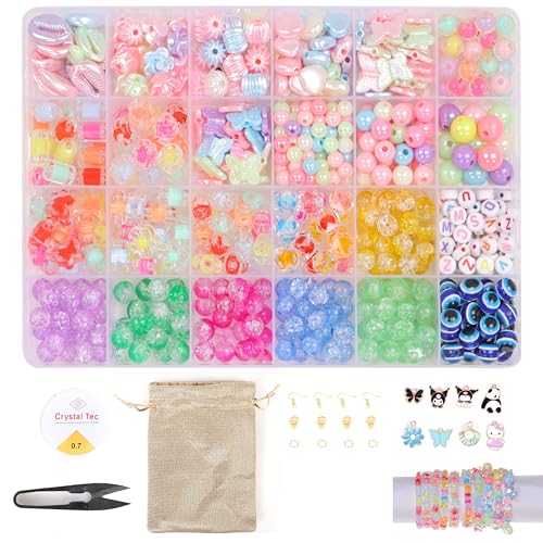Ambitieux Children Jewelry Making Craft Bracelet Kits set for Kids - DIY 24 Compartment Box, 700+ Colorful Beads, Ear Hangings, Lobster Locks & Rings , 8 Pcs of Charms With Accessories - Birthday Gift for Girls 4 5 6 7 Years (Double beads and crackle) - Image 1
