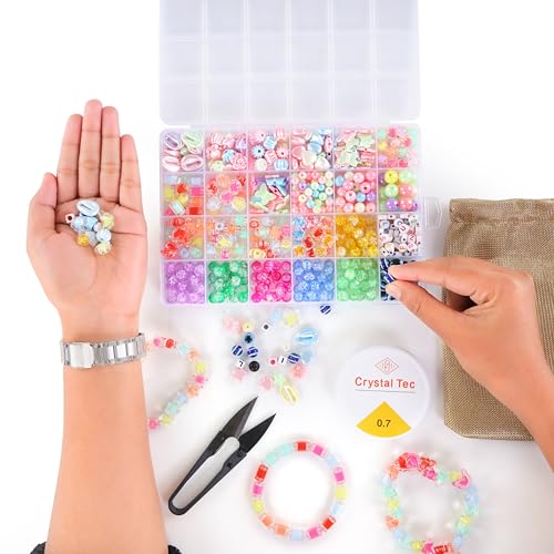 Ambitieux Children Jewelry Making Craft Bracelet Kits set for Kids - DIY 24 Compartment Box, 700+ Colorful Beads, Ear Hangings, Lobster Locks & Rings , 8 Pcs of Charms With Accessories - Birthday Gift for Girls 4 5 6 7 Years (Double beads and crackle) - Image 4