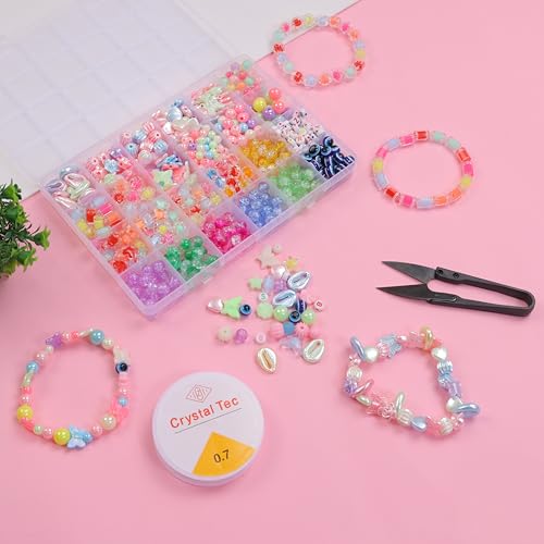 Ambitieux Children Jewelry Making Craft Bracelet Kits set for Kids - DIY 24 Compartment Box, 700+ Colorful Beads, Ear Hangings, Lobster Locks & Rings , 8 Pcs of Charms With Accessories - Birthday Gift for Girls 4 5 6 7 Years (Double beads and crackle) - Image 2