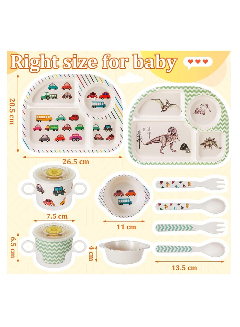 10-Piece Bamboo Kids Dinnerware Set - Dinosaur  Car Themed Plate, Bowl, Cup, Fork, and Spoon Set - Dishwasher Safe, Durable and Eco-Friendly Toddler Utensils - Image 2