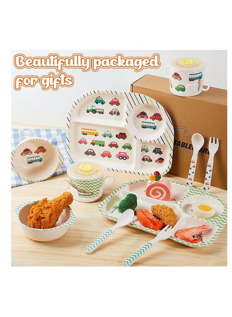 10-Piece Bamboo Kids Dinnerware Set - Dinosaur  Car Themed Plate, Bowl, Cup, Fork, and Spoon Set - Dishwasher Safe, Durable and Eco-Friendly Toddler Utensils - Image 4