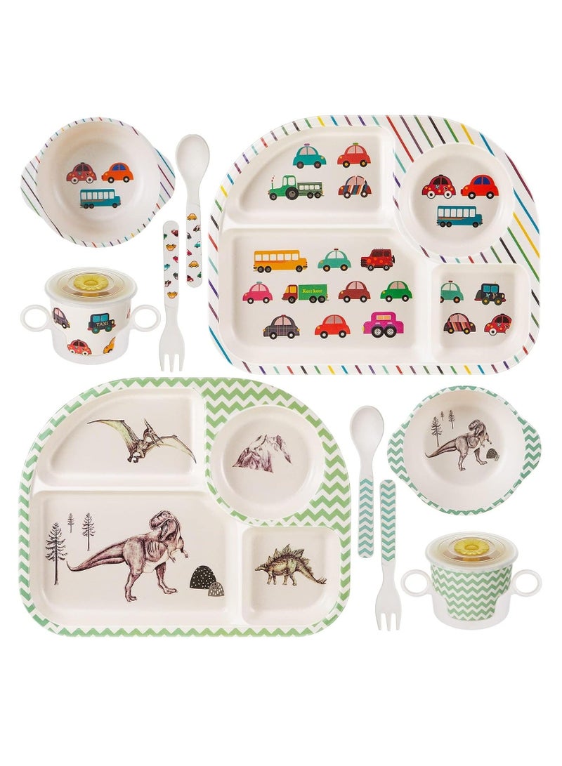 10-Piece Bamboo Kids Dinnerware Set - Dinosaur  Car Themed Plate, Bowl, Cup, Fork, and Spoon Set - Dishwasher Safe, Durable and Eco-Friendly Toddler Utensils - Image 1