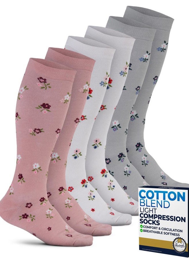 Pembrook Light Compression Socks for Women - 3 Pairs | 8-15 mmHg Cotton Compression Socks Women, Knee High Comfort & Support, Flowers - 3 Pairs, M - Image 1