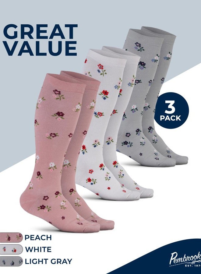 Pembrook Light Compression Socks for Women - 3 Pairs | 8-15 mmHg Cotton Compression Socks Women, Knee High Comfort & Support, Flowers - 3 Pairs, M - Image 5