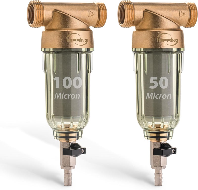 iSpring فلاتر مياه ترسيب قابلة لإعادة الاستخدام من iSpring WSP2PK15 للمنزل بالكامل، عبوة مزدوجة بأحجام فلتر 100 ميكرون و50 ميكرون، هيكل شفاف، نحاس خالي من الرصاص - Image 1