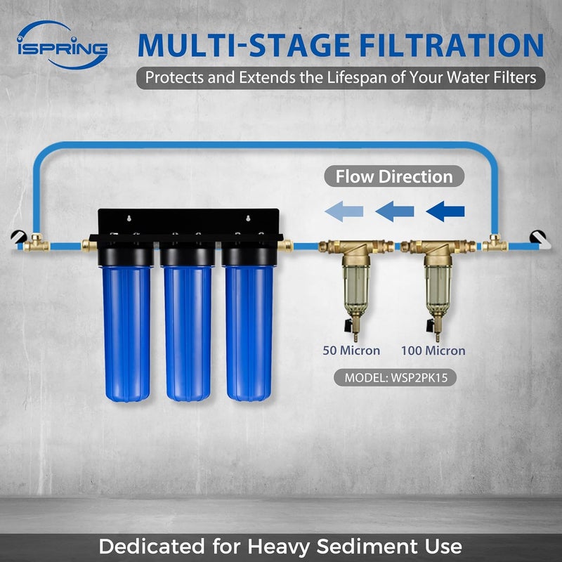 iSpring فلاتر مياه ترسيب قابلة لإعادة الاستخدام من iSpring WSP2PK15 للمنزل بالكامل، عبوة مزدوجة بأحجام فلتر 100 ميكرون و50 ميكرون، هيكل شفاف، نحاس خالي من الرصاص - Image 2