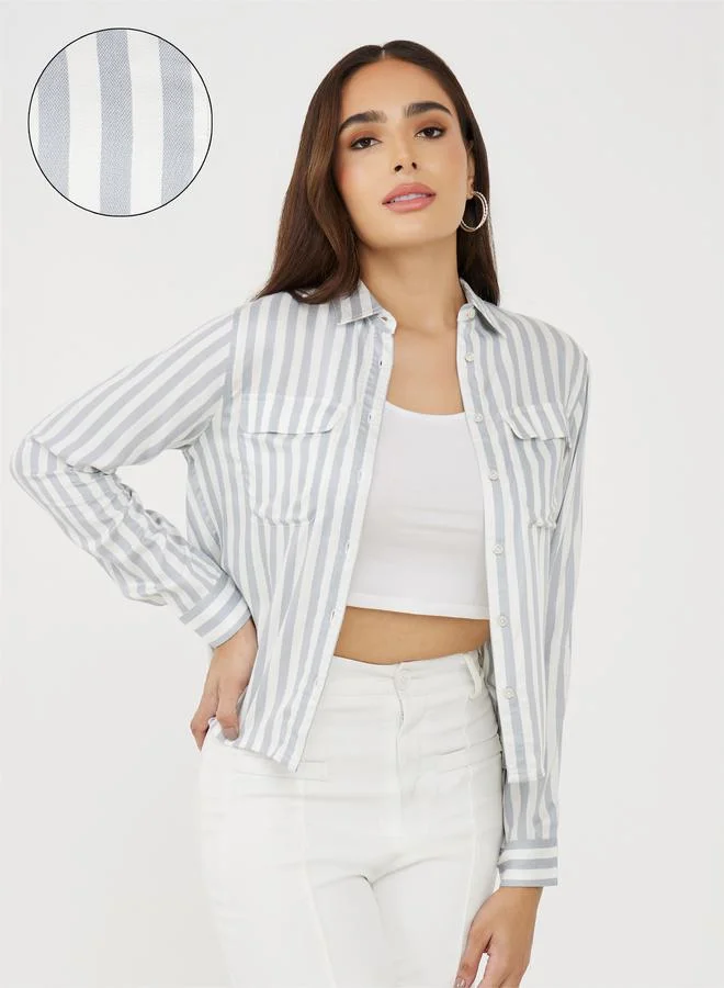 ستايلي Striped Short Length Shirt with Flap Pocket Detail