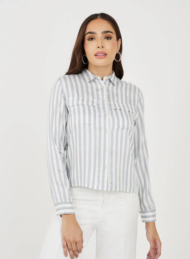ستايلي Striped Short Length Shirt with Flap Pocket Detail