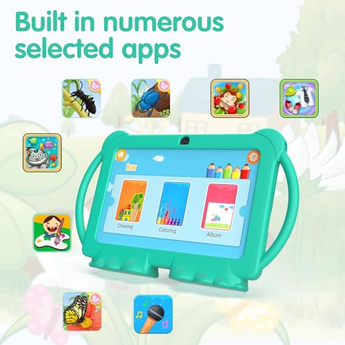 PEICHENG Kids Tablet 7 inch Android 12.0 for Toddler, 4GB RAM 32GB ROM Bluetooth IPS Screen Parental Control Dual Camera Shockproof Case for Educational Games, (Green) - Image 3