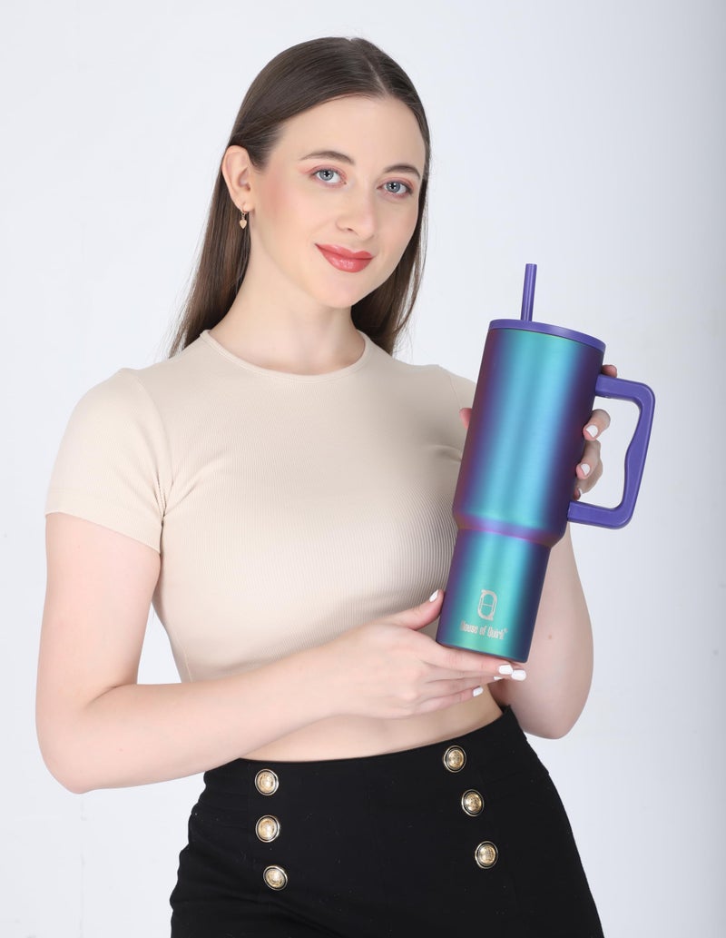House of Quirk 1200ML Stainless Steel Tumbler with Handle & Lid, 2 Straws – Large Travel Mug Water Cup for Gym, Office & Outdoor Use (Blue Polka) - Image 4