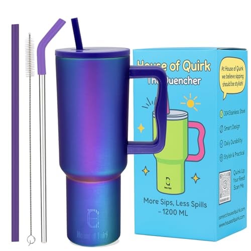 House of Quirk 1200ML Stainless Steel Tumbler with Handle & Lid, 2 Straws – Large Travel Mug Water Cup for Gym, Office & Outdoor Use (Blue Polka) - Image 1