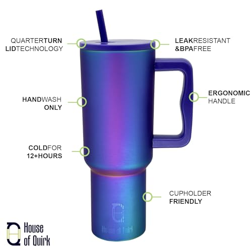 House of Quirk 1200ML Stainless Steel Tumbler with Handle & Lid, 2 Straws – Large Travel Mug Water Cup for Gym, Office & Outdoor Use (Blue Polka) - Image 2
