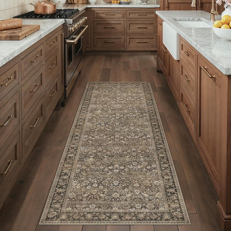 HUGEAR 2x6 Runner Rug Machine Washable Brown Hallway Area Rugs Indoor Accent Rugs Floral Low Pile Carpet Distressed Throw Rug Bedroom Living Room Office Dining Kitchen Laundry Non Slip - Image 3