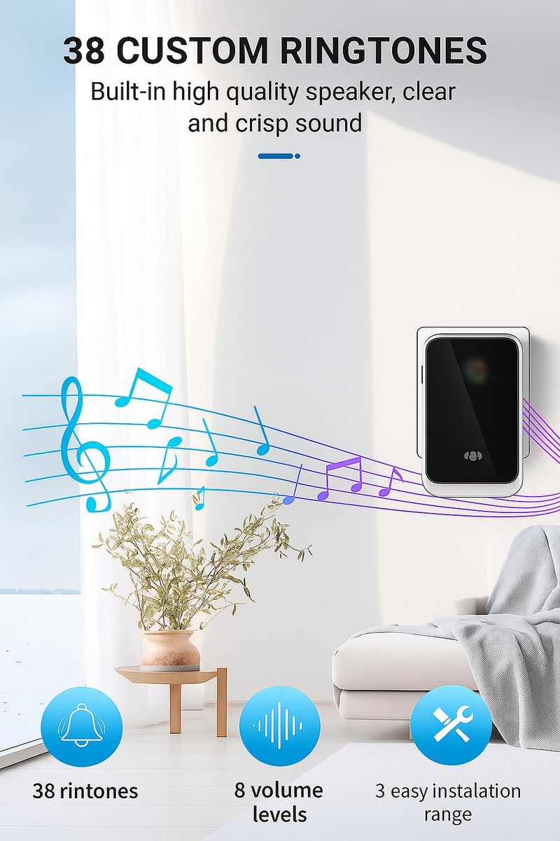 Prplet Door Bell without Wire with 300m Range, 38 Ringtones & 8 Volume Levels | Plug-in Receiver & Waterproof Transmitter – Black - Image 4