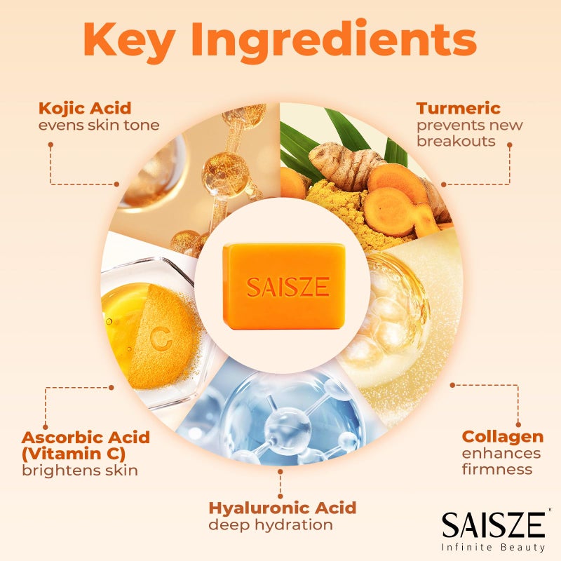 SAISZE Turmeric Soap, Kojic Acid Soap Bar, 4oz x 2 BARS, Kojic Acid and Turmeric Soap Dark Spots Remover for Face and Body, Brightening, Hyperpigmentation - Image 3