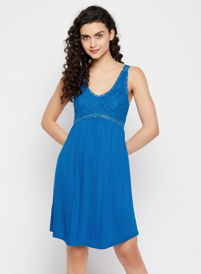 Clovia Lace Insert V Neck Cotton Nightdress - Image 3