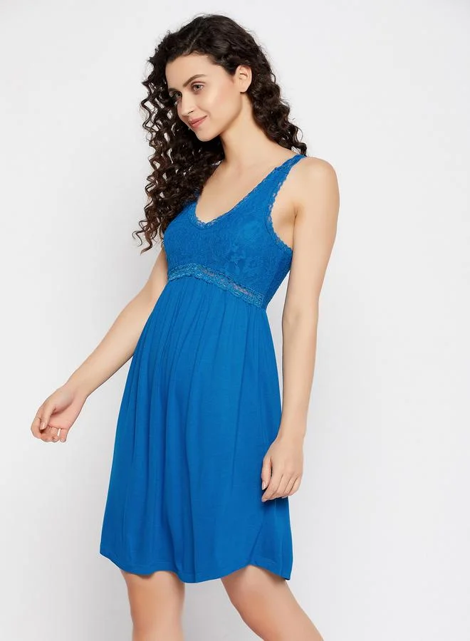 Clovia Clovia Lace Insert V Neck Cotton Nightdress