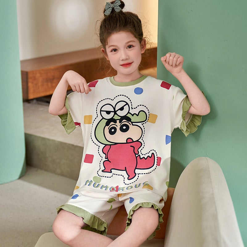 Children'S Baby'S Home Clothes Girls' Pure Cotton Short-Sleeved Pajamas Summer Thin Girl'S Cartoon Girl'S Suit - Image 1