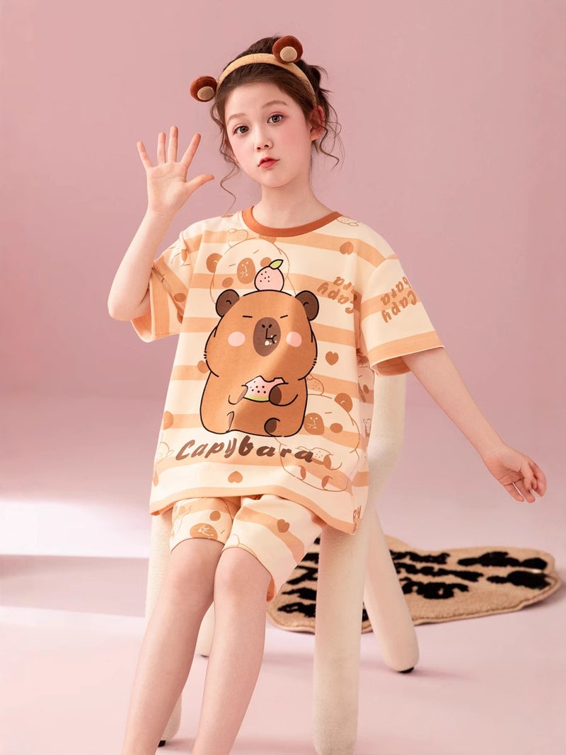 Children'S Baby'S Home Clothes Girls' Pure Cotton Short-Sleeved Pajamas Summer Thin Girl'S Cartoon Girl'S Suit - Image 2