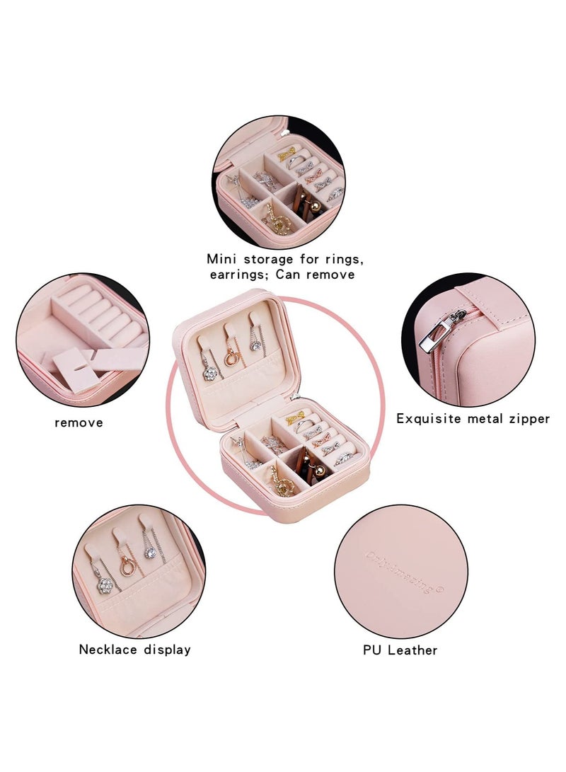 Zikra Travel Jewelry Case, Portable Mini Jewelry Box, PU Leather Compact Size Travel Organizer Display Storage Case for Rings Earring Necklace Bracelet, Gift for Women Girl, Gift Box Holiday Day Gift (Pink) - Image 2