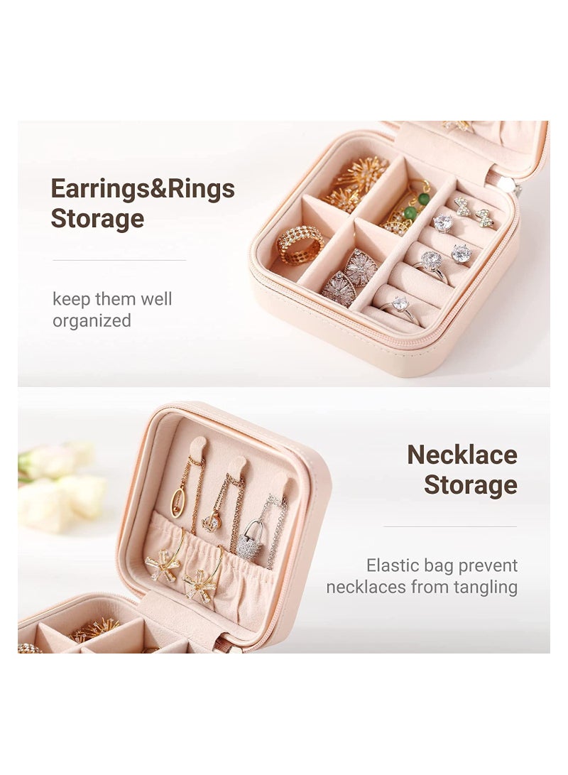 Zikra Travel Jewelry Case, Portable Mini Jewelry Box, PU Leather Compact Size Travel Organizer Display Storage Case for Rings Earring Necklace Bracelet, Gift for Women Girl, Gift Box Holiday Day Gift (Pink) - Image 3