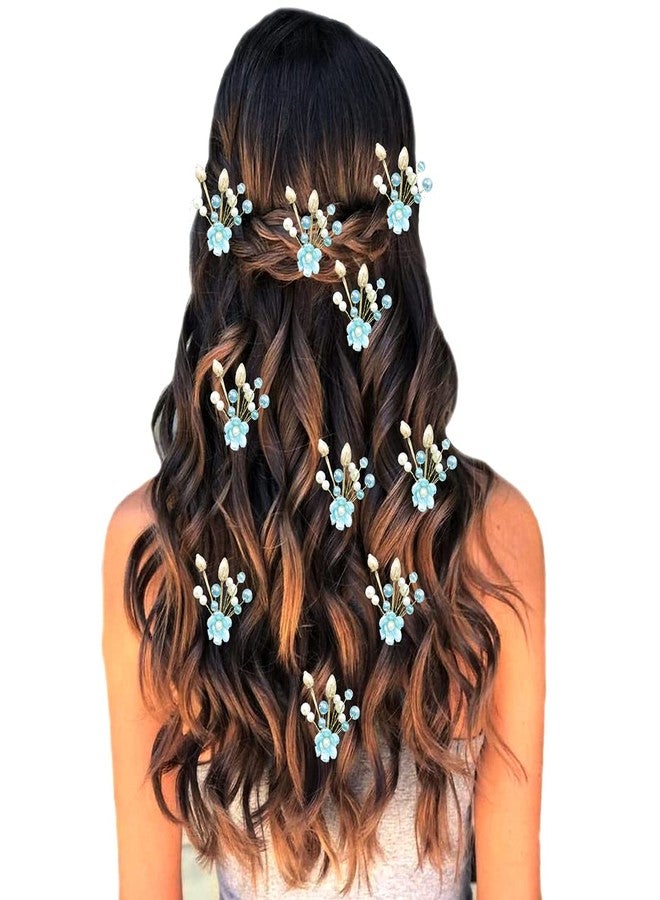 Hair Flare Artificial Flower with Pearl Hair Pin/Side Juda pin/Hair Bun Decoration Accessories 2414 - Blue - Pack of 10 Pins - Image 1