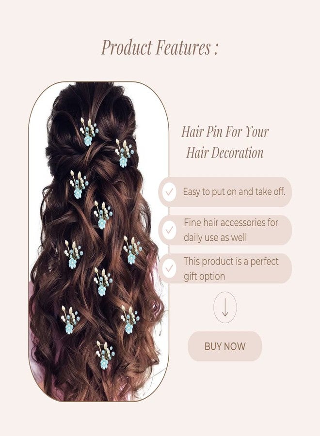 Hair Flare Artificial Flower with Pearl Hair Pin/Side Juda pin/Hair Bun Decoration Accessories 2414 - Blue - Pack of 10 Pins - Image 3