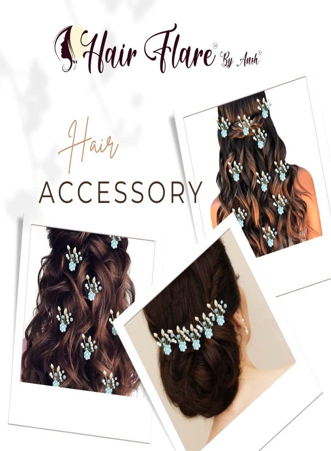 Hair Flare Artificial Flower with Pearl Hair Pin/Side Juda pin/Hair Bun Decoration Accessories 2414 - Blue - Pack of 10 Pins - Image 4