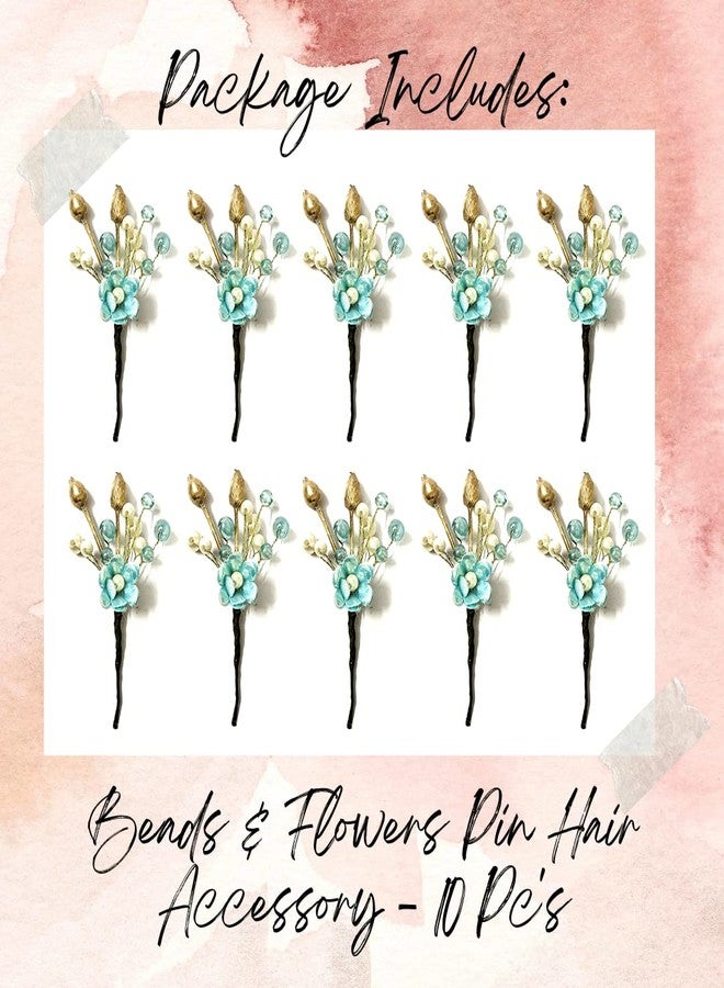 Hair Flare Artificial Flower with Pearl Hair Pin/Side Juda pin/Hair Bun Decoration Accessories 2414 - Blue - Pack of 10 Pins - Image 5