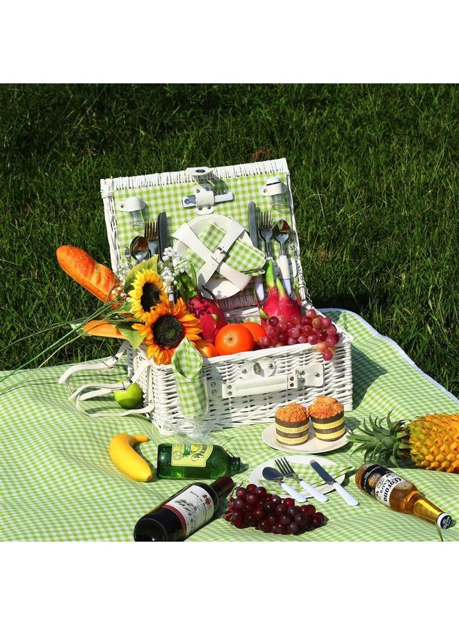YPshuye Picnic Basket Set for 4 with Waterproof Blanket Mat Insulation Bag Wicker White Green Plaid Fresh Cottagecore Gift for Wedding Birthday Summer Camp Outdoor Camping Christmas Thanksgiving - Image 2