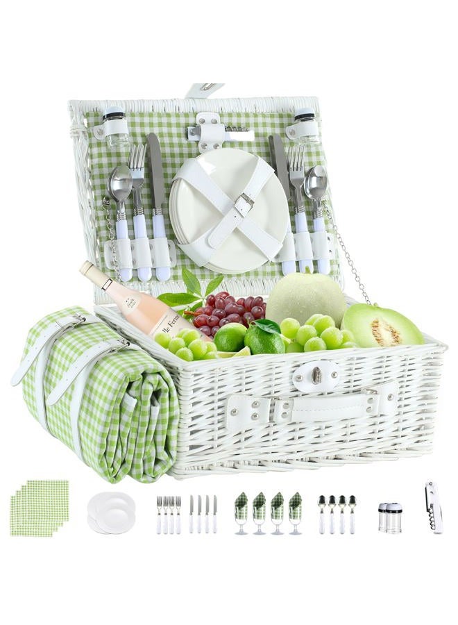 YPshuye Picnic Basket Set for 4 with Waterproof Blanket Mat Insulation Bag Wicker White Green Plaid Fresh Cottagecore Gift for Wedding Birthday Summer Camp Outdoor Camping Christmas Thanksgiving - Image 1