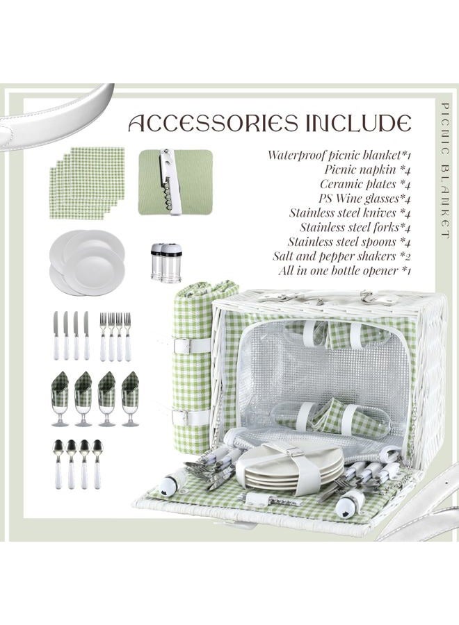 YPshuye Picnic Basket Set for 4 with Waterproof Blanket Mat Insulation Bag Wicker White Green Plaid Fresh Cottagecore Gift for Wedding Birthday Summer Camp Outdoor Camping Christmas Thanksgiving - Image 4