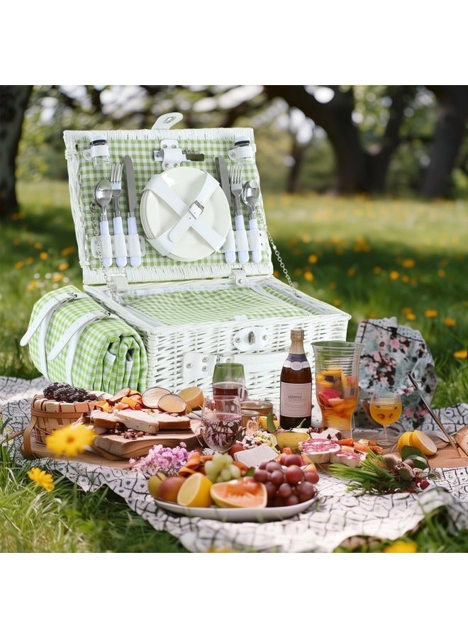 YPshuye Picnic Basket Set for 4 with Waterproof Blanket Mat Insulation Bag Wicker White Green Plaid Fresh Cottagecore Gift for Wedding Birthday Summer Camp Outdoor Camping Christmas Thanksgiving - Image 3